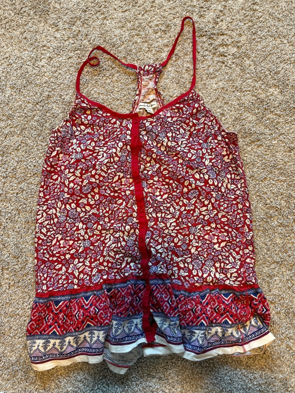 Vintage American Eagle Outfitters Red Floral Print Cami with Border Trim